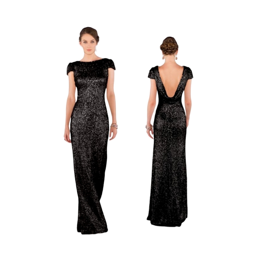 Sorella Vita full length cap sleeve backless sequined onyx down size 4
